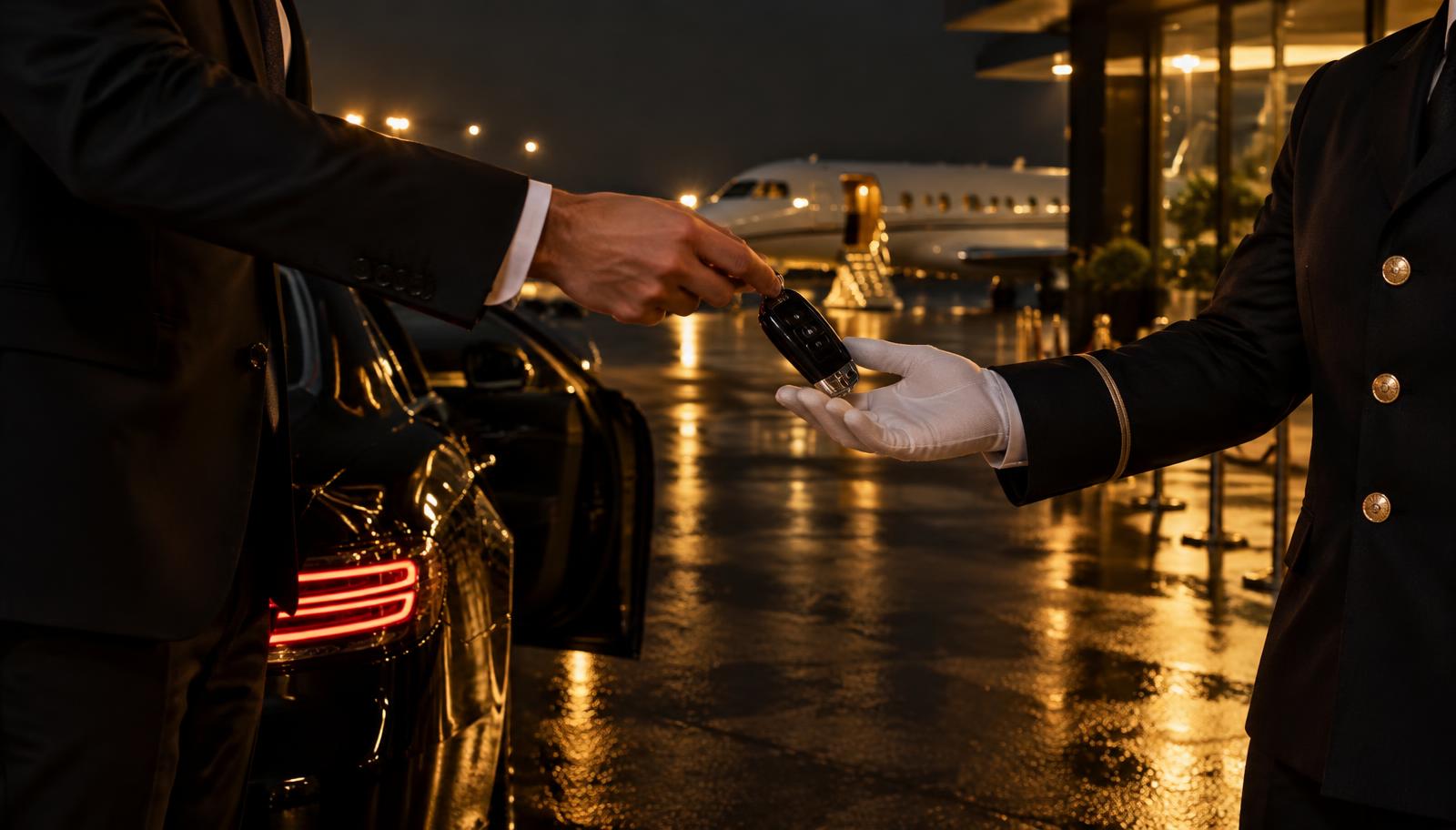 Valet Parkservice bei Nacht am Flughafen